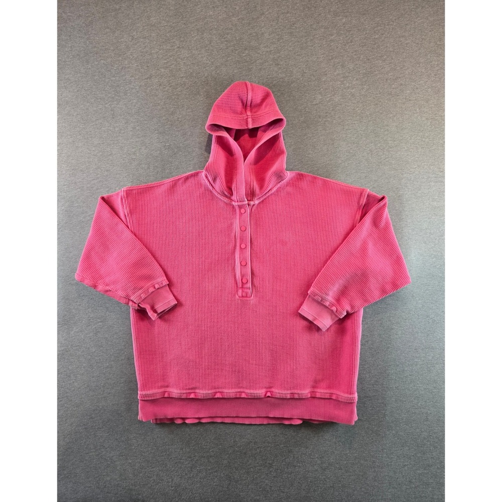 Aerie Oh Snap Hoodie Women L Pink Ribbed Henley Oversized Pullover Sweatshirt